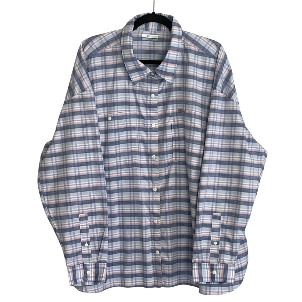 Columbia Womens 3X‎ Plaid UPF 40+ Long Sleeve Hiking Shirt Blue AW9987 2033352